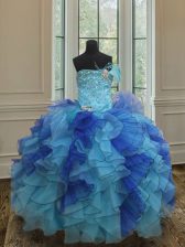 Latest Blue Lace Up Kids Pageant Dress Beading and Ruffles Sleeveless Floor Length