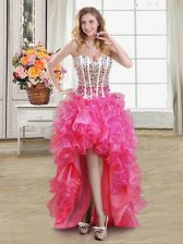  Hot Pink Sleeveless Organza Lace Up Evening Dress for Prom and Party