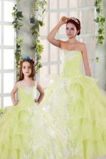 Elegant Light Yellow Organza Lace Up Quince Ball Gowns Sleeveless Floor Length Beading and Ruffled Layers and Ruching