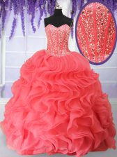 Stylish Watermelon Red Sweetheart Neckline Beading and Ruffles Quince Ball Gowns Sleeveless Lace Up