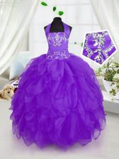 Modern Purple Halter Top Lace Up Appliques and Ruffles Pageant Gowns For Girls Sleeveless