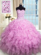  Lilac Ball Gowns Organza Sweetheart Sleeveless Beading and Ruffles and Sequins Floor Length Lace Up Quince Ball Gowns