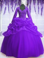  Long Sleeves Floor Length Sequins and Pick Ups Zipper Quinceanera Dress with Purple