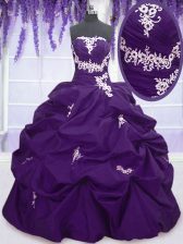 Cute Sleeveless Floor Length Appliques and Pick Ups Lace Up Quinceanera Gowns with Purple