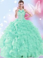 Modern Halter Top Floor Length Ball Gowns Sleeveless Apple Green Quinceanera Gowns Lace Up