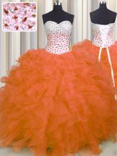 Delicate Orange Red Sleeveless Floor Length Beading and Ruffles Lace Up Sweet 16 Dress
