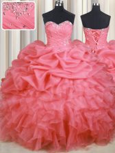 Decent Watermelon Red Ball Gowns Sweetheart Sleeveless Organza Floor Length Lace Up Beading and Ruffles and Ruching and Pick Ups Quinceanera Gowns