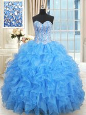 Classical Sweetheart Sleeveless 15th Birthday Dress Floor Length Beading and Ruffles and Ruffled Layers Baby Blue Satin and Organza