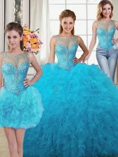 Chic Three Piece Scoop Baby Blue Sleeveless Beading and Ruffles Floor Length Sweet 16 Dress