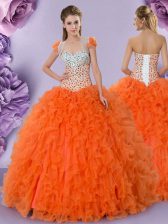  Sleeveless Floor Length Beading and Ruffles Lace Up 15th Birthday Dress with Orange Red