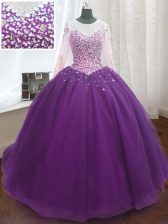 Superior Scoop Purple Quinceanera Dresses Organza Sweep Train Long Sleeves Beading and Sequins