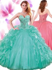 Custom Made Beading and Ruffles and Pick Ups Quinceanera Dresses Turquoise Lace Up Sleeveless Floor Length