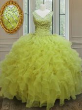 Trendy Yellow Green V-neck Neckline Beading and Ruffles Sweet 16 Quinceanera Dress Sleeveless Zipper