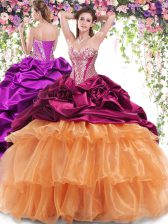 Beauteous Sweetheart Sleeveless Sweet 16 Dresses With Brush Train Beading and Ruffled Layers and Pick Ups Multi-color Organza and Taffeta