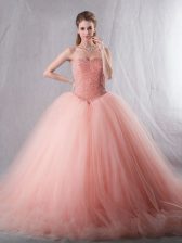  Tulle Sweetheart Sleeveless Brush Train Lace Up Beading Quinceanera Dress in Pink 