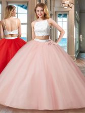  Pink Two Pieces Tulle Straps Sleeveless Beading Floor Length Backless Ball Gown Prom Dress