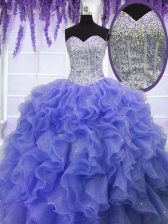  Purple Sweetheart Neckline Ruffles and Sequins Quince Ball Gowns Sleeveless Lace Up