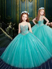  Tulle Spaghetti Straps Sleeveless Zipper Beading and Sequins Little Girl Pageant Dress in Aqua Blue