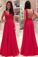 Glorious Red A-line Lace Prom Dresses Backless Chiffon Sleeveless Floor Length