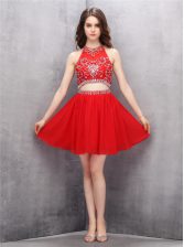 Deluxe Red Scoop Neckline Beading Sleeveless Zipper
