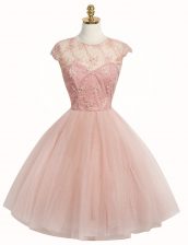 Elegant A-line Pink Scoop Tulle Cap Sleeves Knee Length Zipper