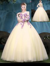  Scoop Light Yellow Long Sleeves Floor Length Appliques Lace Up 15th Birthday Dress