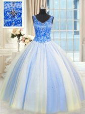 Glamorous Beading and Sequins Sweet 16 Dresses Blue And White Lace Up Sleeveless Floor Length