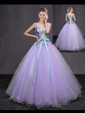 New Arrival Lavender V-neck Lace Up Beading and Belt 15 Quinceanera Dress Sleeveless