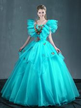  Aqua Blue Lace Up Quinceanera Gowns Embroidery Sleeveless Floor Length