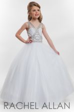  A-line Flower Girl Dress White V-neck Tulle Sleeveless Floor Length Zipper