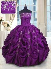 Strapless Sleeveless Vestidos de Quinceanera Floor Length Beading and Appliques and Embroidery and Pick Ups Eggplant Purple Taffeta