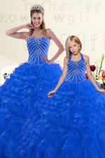 Top Selling Beading and Ruffles Vestidos de Quinceanera Blue Lace Up Sleeveless Floor Length