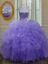 Chic Lavender Ball Gowns Organza Scoop Sleeveless Beading and Ruffles Floor Length Lace Up Sweet 16 Dresses