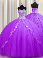  Purple Lace Up 15th Birthday Dress Beading Sleeveless Sweep Train