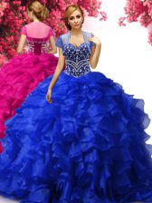  Floor Length Lace Up Sweet 16 Dress Royal Blue for Military Ball and Sweet 16 and Quinceanera with Beading and Ruffles