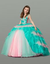 Custom Designed Multi-color Sleeveless Floor Length Beading and Ruffles Lace Up Flower Girl Dress
