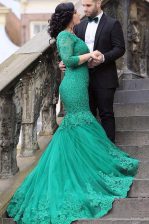  Mermaid With Train Lace Up Prom Dress Green for Prom with Beading and Appliques Chapel Train