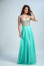 Custom Designed V-neck Sleeveless Chiffon Prom Gown Beading and Appliques Zipper