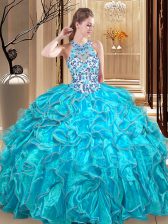  Scoop Sleeveless Floor Length Embroidery and Ruffles Backless Vestidos de Quinceanera with Teal