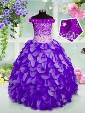  Off the Shoulder Floor Length Lace Up Little Girls Pageant Dress Navy Blue for Party and Wedding Party with Beading and Hand Made Flower