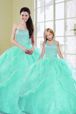  Turquoise Ball Gowns Sweetheart Sleeveless Organza Floor Length Lace Up Beading and Sequins Quinceanera Dresses