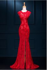  Mermaid Red Scoop Neckline Lace Homecoming Dress Sleeveless Zipper