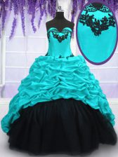 Extravagant With Train Lace Up 15th Birthday Dress Aqua Blue for Military Ball and Sweet 16 and Quinceanera with Appliques and Pick Ups Sweep Train