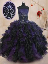 Custom Designed Black And Purple Lace Up Quinceanera Dresses Beading and Ruffles Sleeveless Floor Length