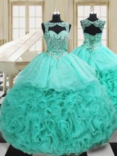 Fashionable Apple Green Scoop Lace Up Beading and Ruffles Sweet 16 Dress Court Train Sleeveless