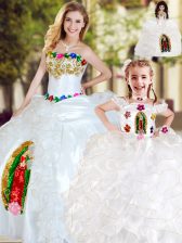 Designer White Organza Lace Up Strapless Sleeveless Floor Length Ball Gown Prom Dress Beading and Ruffles