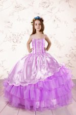 Dazzling Fuchsia Organza Lace Up Little Girls Pageant Dress Sleeveless Floor Length Embroidery and Ruffled Layers