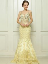  Mermaid Light Yellow Sleeveless With Train Beading and Hand Made Flower Side Zipper Prom Gown