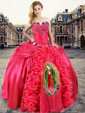 Unique Sweetheart Sleeveless Lace Up Vestidos de Quinceanera Coral Red Organza and Taffeta