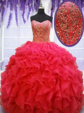  Beading and Ruffles Quinceanera Dress Coral Red Lace Up Sleeveless Floor Length